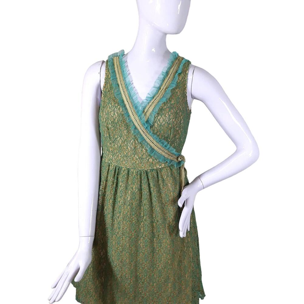 Young Essence Nude Lace Blue/green ruffle wrap dress size medium